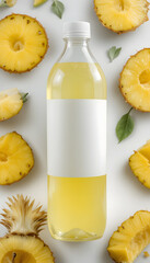 Plastic water bottle with blank label and pineapple.