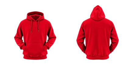 Red hoodie in front and back view, mockup isolated on transparent background