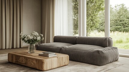 Modern living room with large windows and comfortable seating.  Natural light and neutral color palette