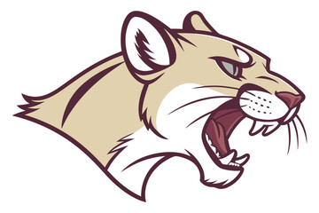 Fierce cougar head displays its teeth in a side profile that reveals its intense look