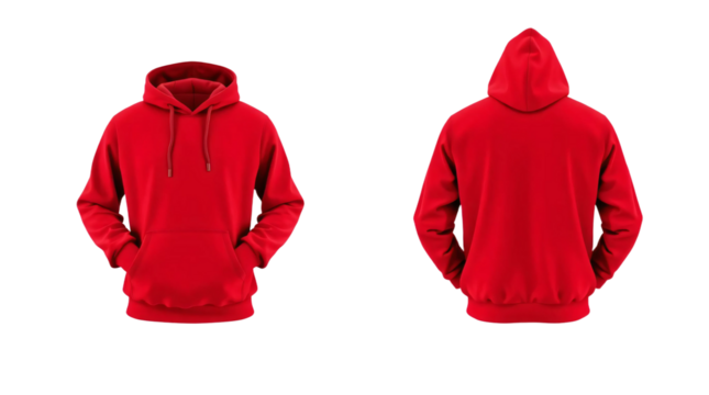 Red hoodie in front and back view, mockup isolated on transparent background