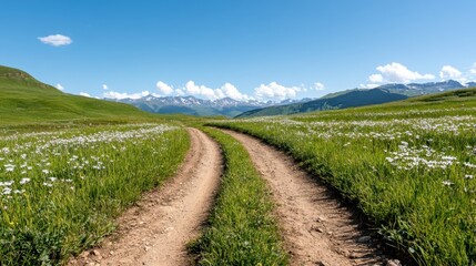 Fototapeta premium Curved paths weave through a vibrant, flower-filled meadow under the bright, blue sky, suggesting tranquility and a peaceful journey through nature's beauty.