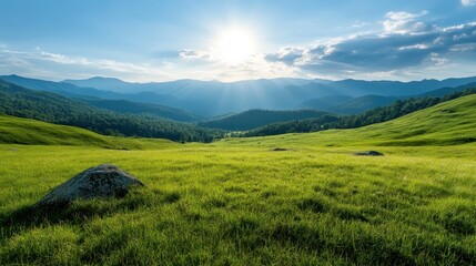 Obraz premium Breathtaking view of a sunset illuminating rolling green hills, symbolizing peace and serenity in nature, inviting individuals to immerse themselves in tranquility.