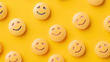 Fototapeta premium Yellow background with a pattern of happy face pills. The pills are arranged in a grid pattern and are all the same size.
