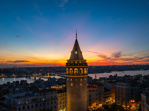 Istanbul Icons Galata Tower in the Sunset Time Drone Photo, Galata Beyoglu, Istanbul Turkiye (Turkey)