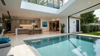 Stunning aerial view of a modern family villa showcasing an open plan layout and a luxurious saltwater pool perfect for architectural design inspiration.