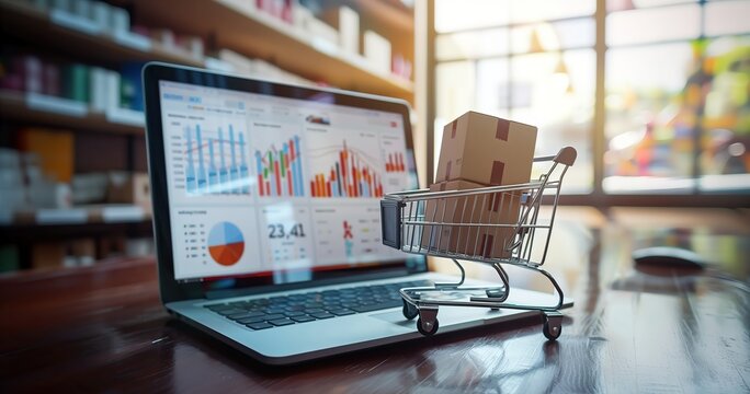 A laptop displaying online sales analytics sits on a desk with a miniature cart and package, symbolizing digital commerce and logistics.