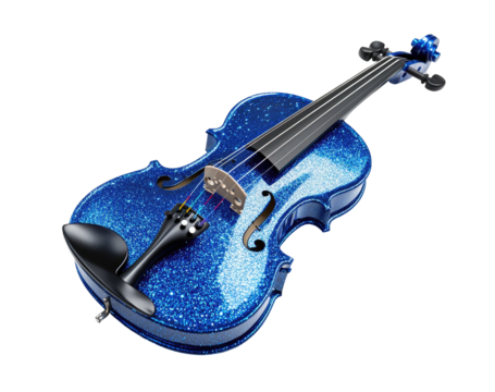 A vibrant blue violin, glittering with sparkles, angled view