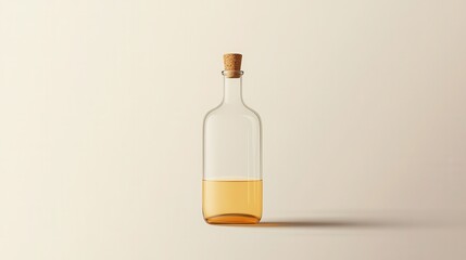 Glass bottle with cork stopper filled with yellow liquid on neutral background, perfect for showcasing oils, beverages, or culinary ingredients.
