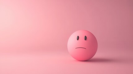Fototapeta premium Pink Round Ball with Sad Face Expression on Soft Pink Background Capturing Feelings of Melancholy and Reflection in a Simple Design