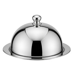 Elegant Stainless Steel Food Cloche with Shiny Dome Lid and Serving Tray – Transparent Background Generative Ai.