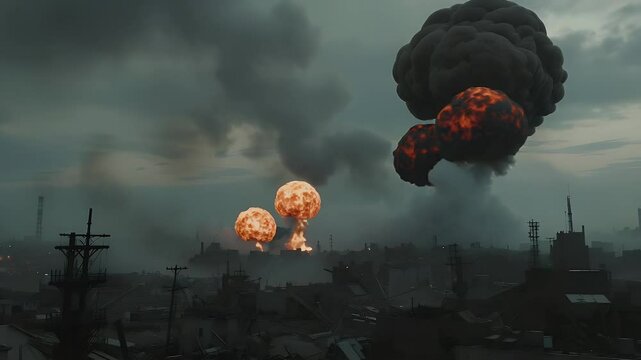 City under missile attack with massive explosion
