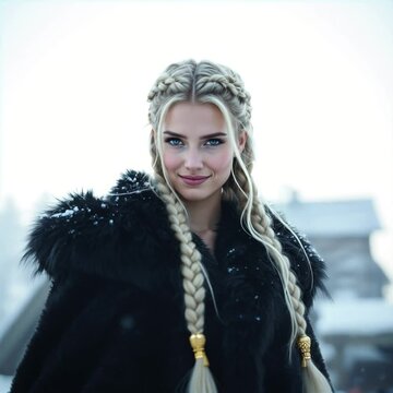 A beautiful viking lady with blonde braided hair smiling