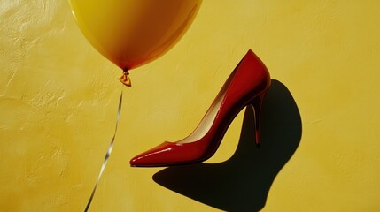 Red high heel shoe and yellow balloon against a sunny backdrop