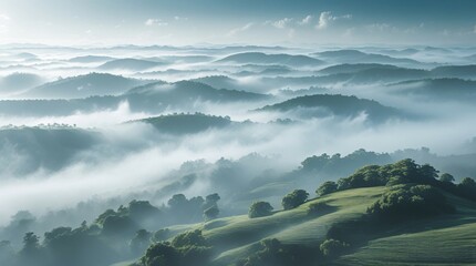 Rolling green mountain landscapes with lush trees in the distance. Majestic, misty hills scenery in the early morning light.