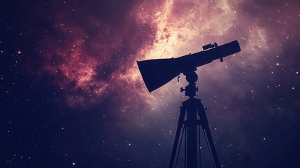 Astrophotography Scene with Telescope against Cosmic Galaxy Background and Cosmic Dust in Night Sky Visualization