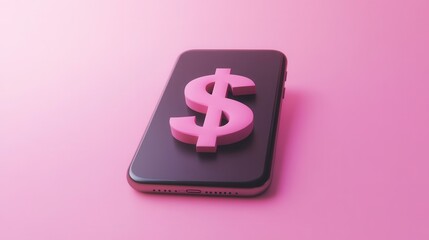 Modern smartphone with pink dollar sign on screen placed on soft pink background symbolizing finance, investment, and modern technology concept