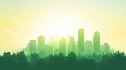 Obraz premium Urban Skyline Silhouette at Sunrise with Green Hues and Soft Light in a Nature-Inspired Abstract Environment