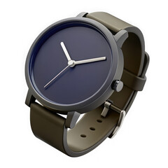Stylish and minimalist modern wristwatch with a deep blue face and olive leather strap