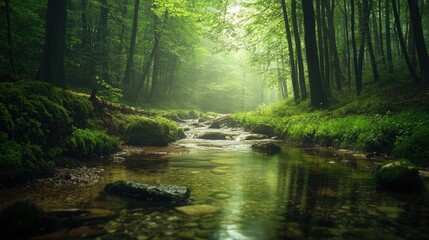 Obraz premium Tranquil Forest Stream in Lush Green Environment with Soft Light Filtering Through Trees and Gentle Ripples on Water Surface