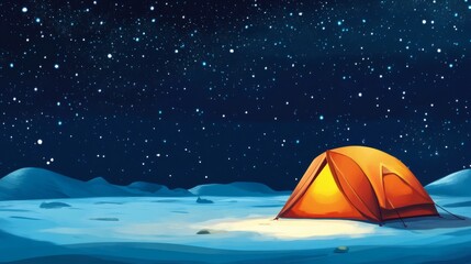 Illuminated Tent on Snowy Terrain Under a Starry Sky at Night