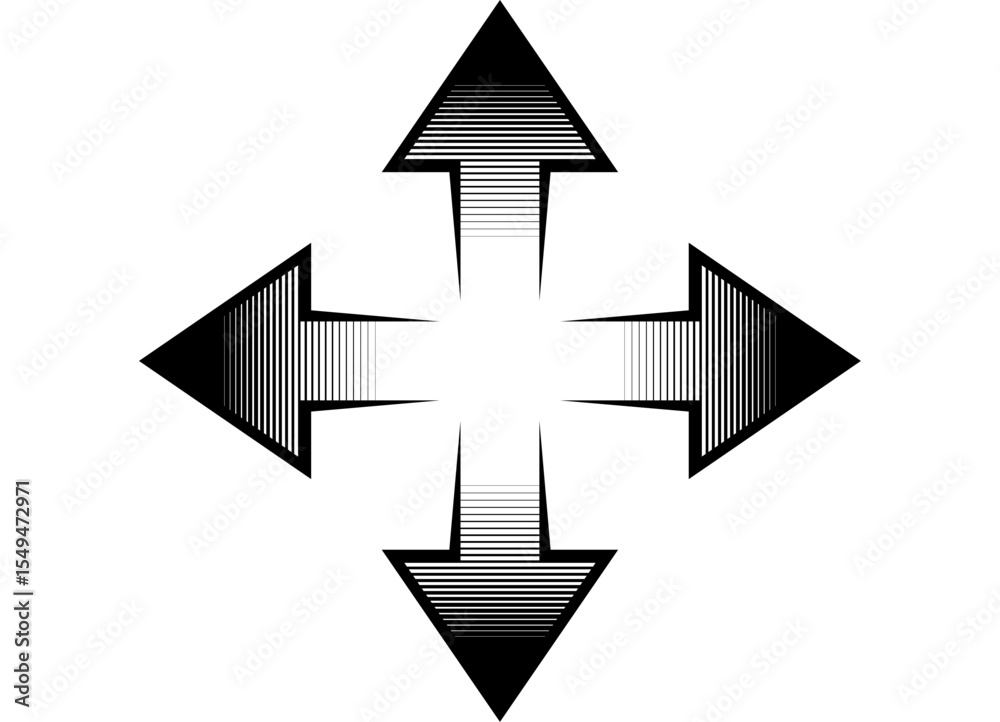 Poster pattern of four black striped arrows on a white background that diverge from the center in different