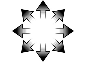 Pattern of black striped arrows on a white background diverging from the center. Navigation design element, Direction indicator. Vector background. Star, circle