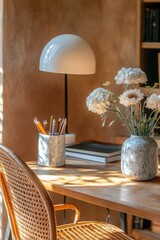 A well-lit office space featuring a wooden desk, chair, books, and decorative elements such as flowers in a vase.