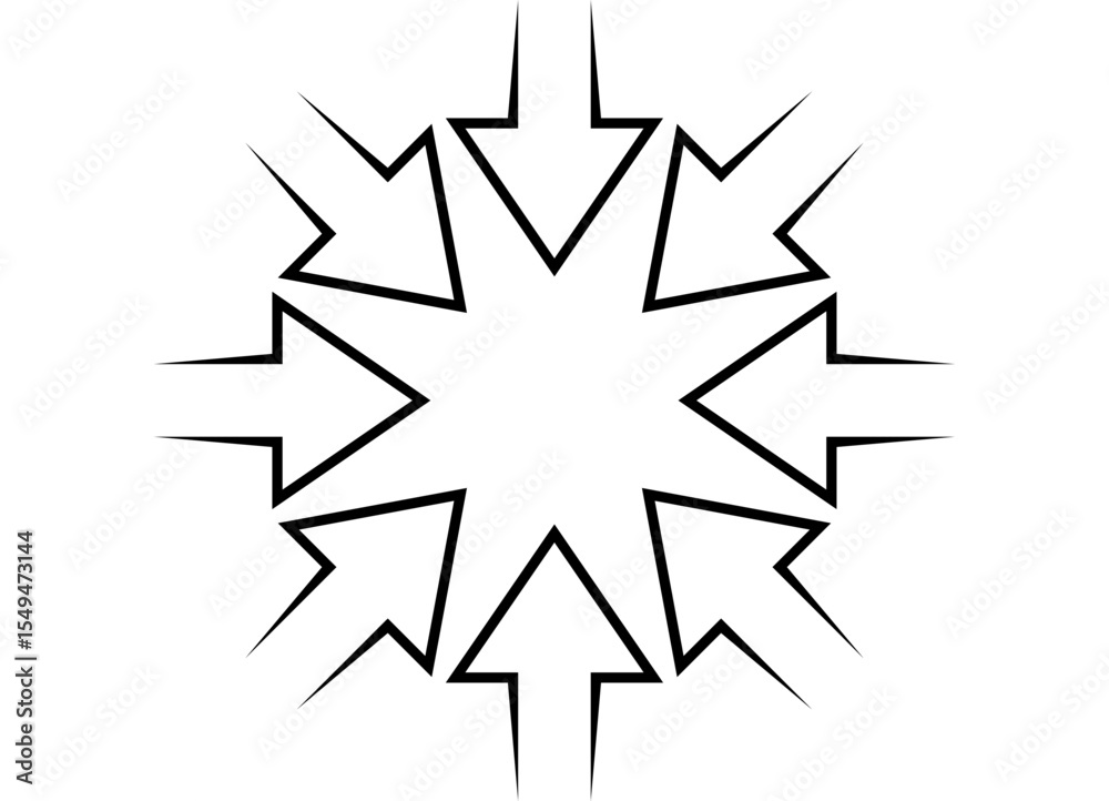Poster pattern of arrows from black lines on a white background that converge in the center. navigation des