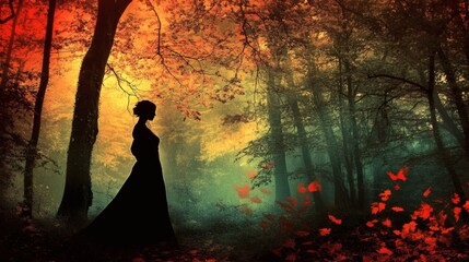 Silhouette of a Woman in a Long Gown Standing in an Autumnal Woodland