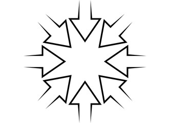 Pattern of arrows from black lines on a white background that converge in the center. Navigation design element, Direction indicator. Vector background. Star, circle, Epicenter