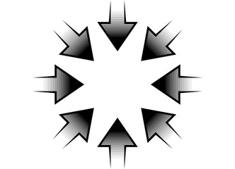 Pattern of black striped arrows on a white background that converge in the center. Navigation design element, Direction indicator. Vector background. Star, circle