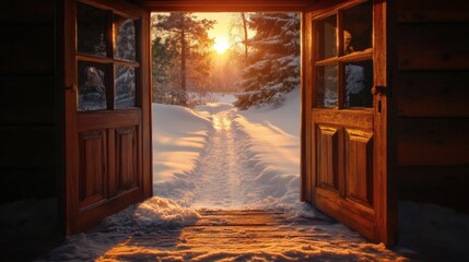Open Wooden Doorway Leading to Snowy Landscape with Sunlight Through Trees