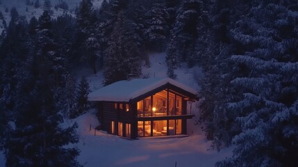 Cabin with Warm Interior Lighting Amidst a Snowy Winter Forest Landscape