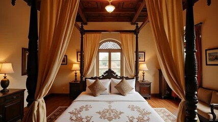 Romantic Haveli Courtyard Bedroom Drone Footage Featuring Carved Archways Muslin Drapes and 4K Resolution Ideal for Travel and Lifestyle Projects