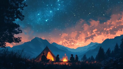 Camping under a Starry Sky with a Group of Friends Sitting Around a Campfire