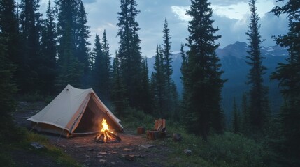 Camping tent glows beside blazing campfire in a remote mountain forest at dusk
