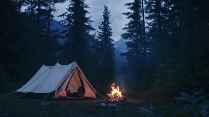 Lit Tent and Campfire Under Cloudy Evening Sky at Forest Campsite