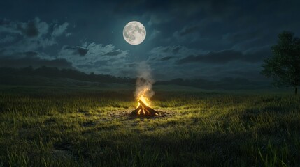 Bonfire burning brightly in open grassland field under a full moon at night