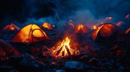 Camping Tents Illuminated by Campfire at Night in a Mountainous Wilderness Setting