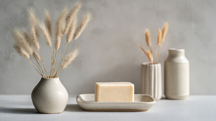 Serene Still Life: A minimalist still life arrangement featuring a bar of soap resting on a tray, flanked by elegant vases with decorative elements, showcasing a modern aesthetic.