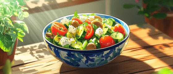 Fresh Garden Salad in a Decorative Bowl on a Sunlit Wooden Table