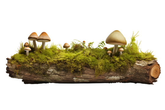 Enchanted Forest Fungi: Mossy Log with Mushrooms transparent background png