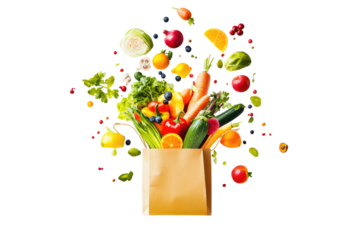 A brown paper bag overflowing with colorful fruits and vegetables, exploding outward