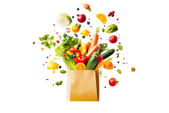 A brown paper bag overflowing with colorful fruits and vegetables, exploding outward