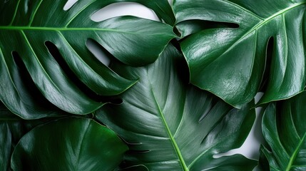 Fototapeta premium A captivating arrangement of large Monstera leaves set against a clean white background, emphasizing their rich green color and unique shapes, ideal for tropical-themed designs.