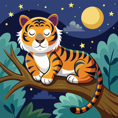 Cute Orange Tiger Sleeping Peacefully on Tree Branch Nighttime Cartoon Illustration resting