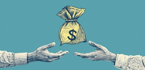 Conceptual illustration with two hands reaching from opposite sides toward a money bag marked with a dollar sign, symbolizing competition, ambition, and financial desire.