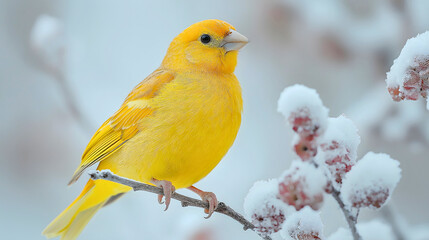 Fototapeta premium Vibrant Canary in Winter's Embrace: A vivid yellow canary perches serenely on a snow-dusted branch, a striking contrast to the winter wonderland. capturing a moment of resilience and beauty.