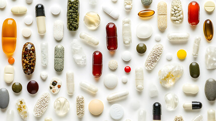 Assorted Medications and Supplements Displayed on a White Background